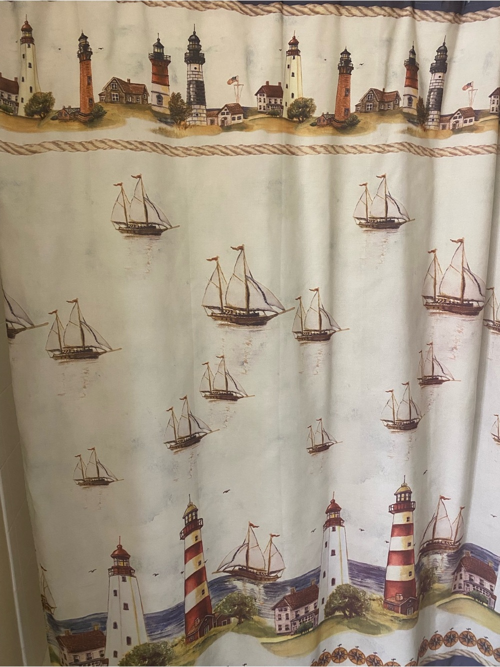 Vintage Nautical Lighthouse & Sailboat Fabric Shower Curtain